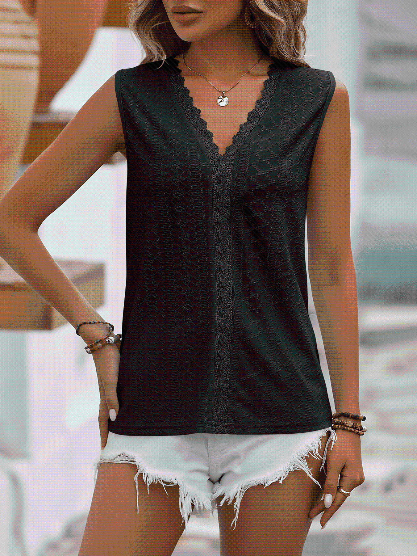 Valenzora | Split Lace V-Neck Sleeveless Shirt