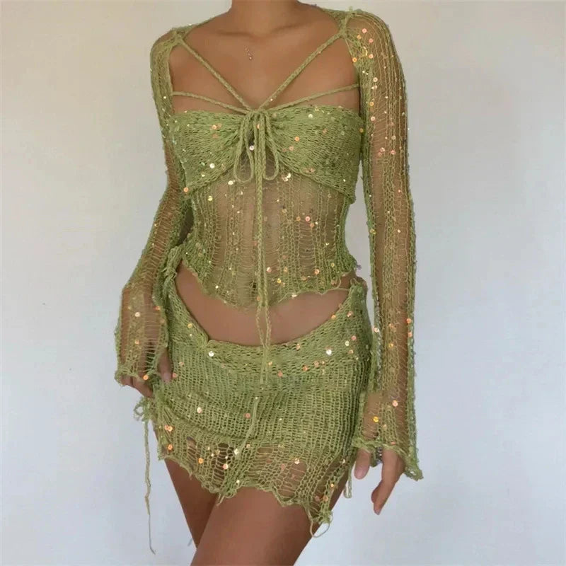 Valenzora Zweiteiliges langärmliges Pailletten-Stricktop mit Ausschnitt und Bodycon-Rock