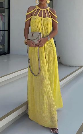 Valenzora | Modern and sophisticated maxi dress with draped braids in a linen blend
