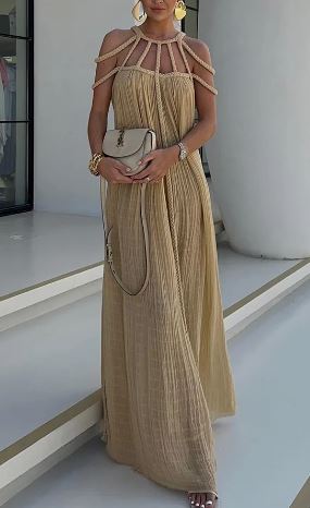 Valenzora | Modern and sophisticated maxi dress with draped braids in a linen blend