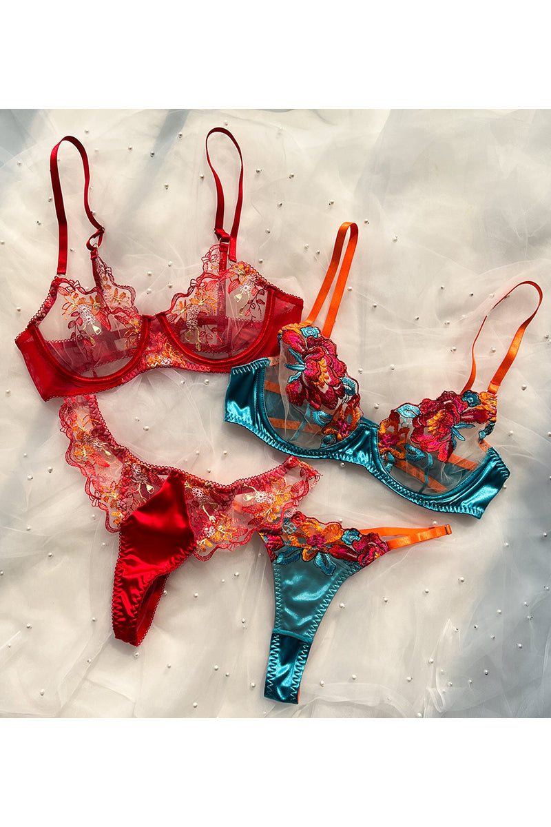 Valenzora | Satin Sheer Floral 3 Piece Lingerie Set