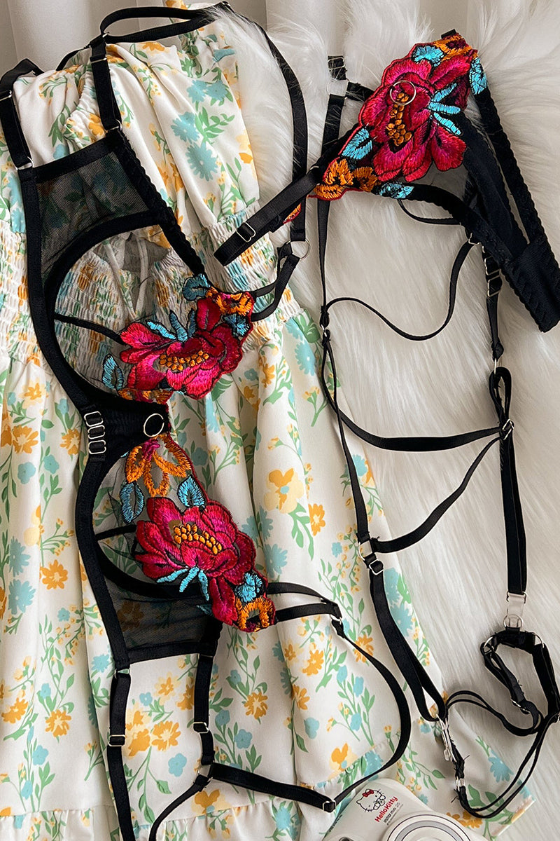 Valenzora | Satin Sheer Floral 3 Piece Lingerie Set