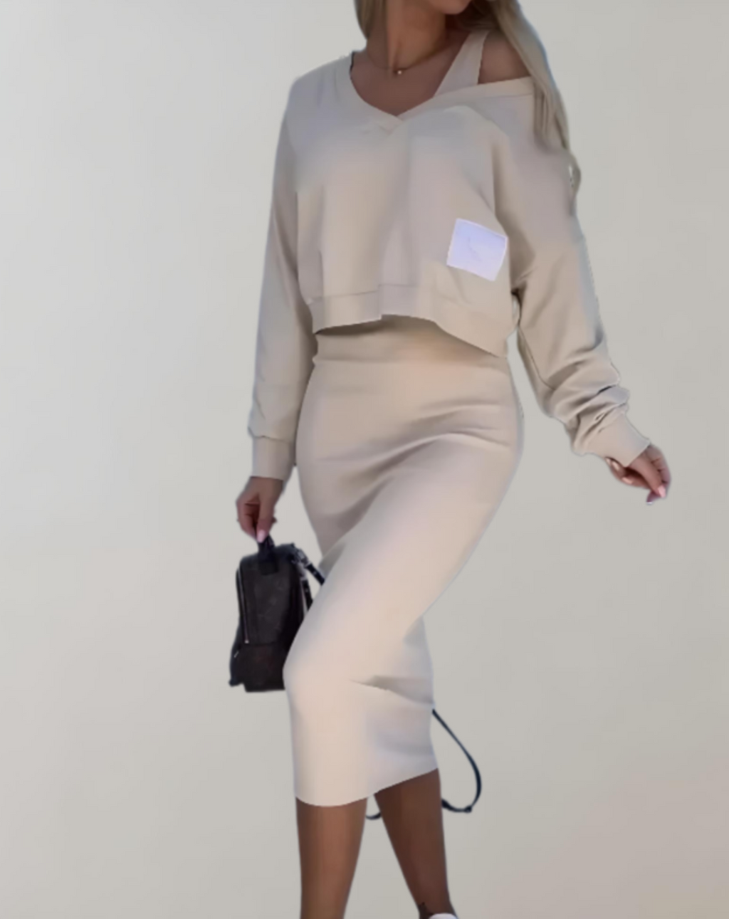 Valenzora | 3-piece knit set - V-neck top and midi skirt for women