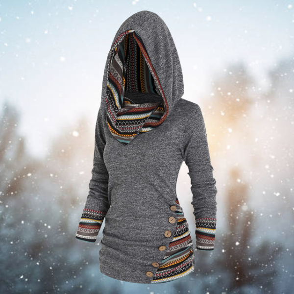 Valenzora | with hood - Women's fleece pullover with tribal pattern