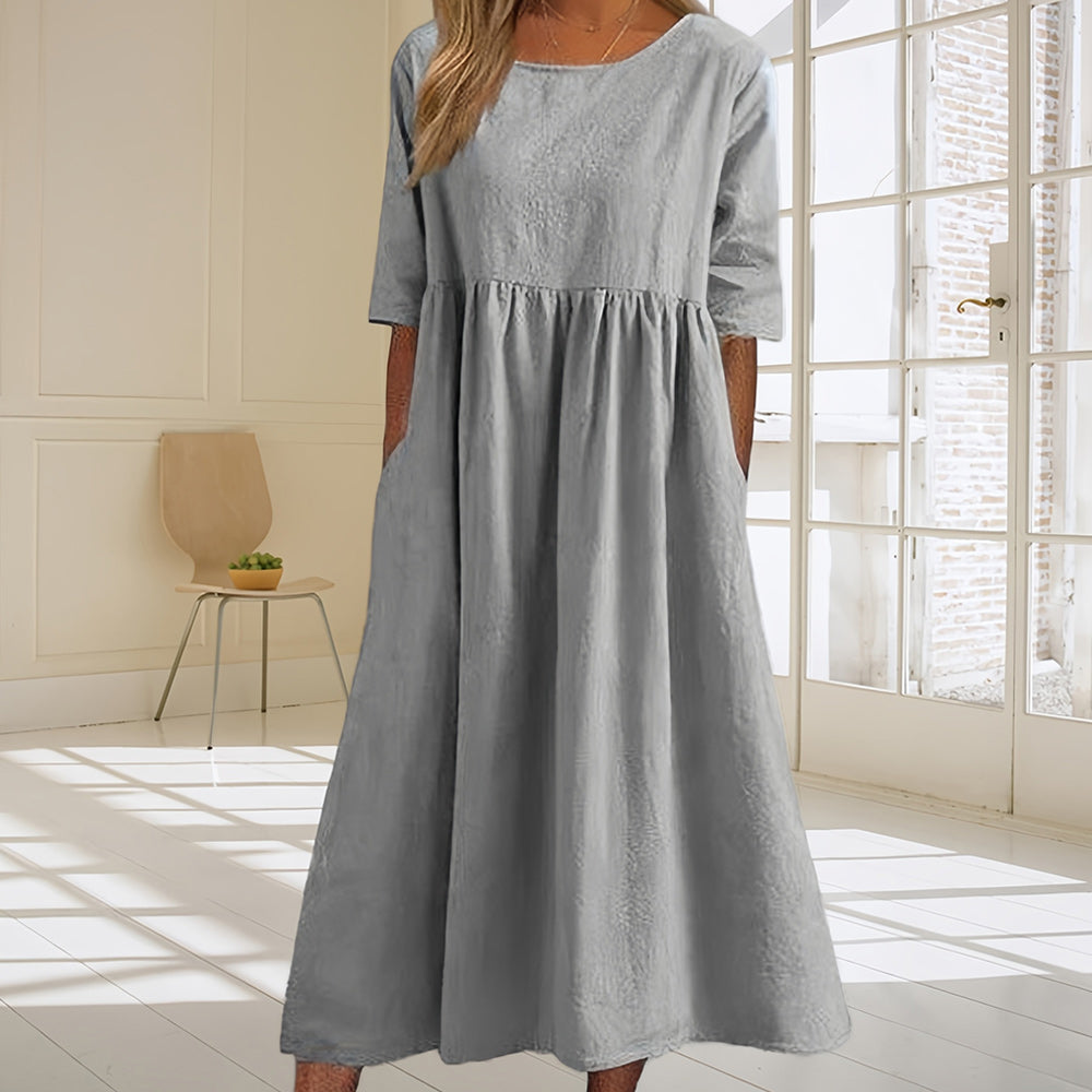 Valenzora | Lässiges, weit geschnittenes Sommerkleid aus Baumwolle und Leinen mit Rundhalsausschnitt