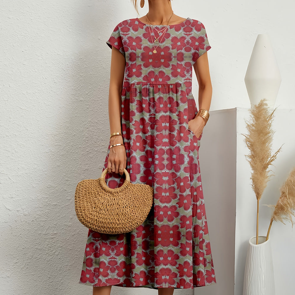 Valenzora | Short-sleeved, loose-fitting midi dress with a round neckline
