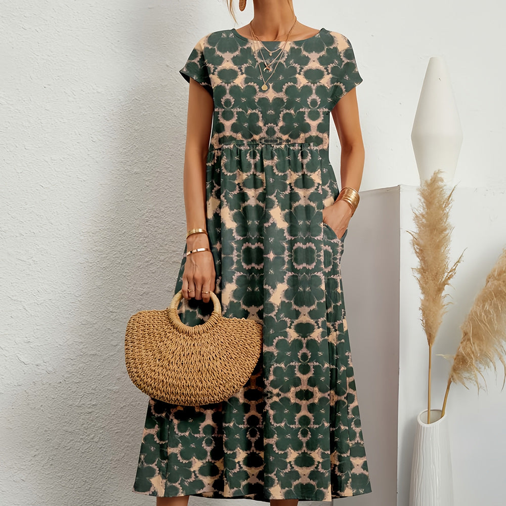 Valenzora | Short-sleeved, loose-fitting midi dress with a round neckline