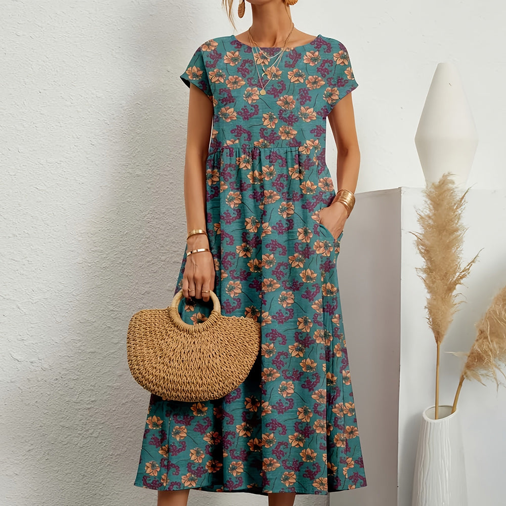 Valenzora | Short-sleeved, loose-fitting midi dress with a round neckline