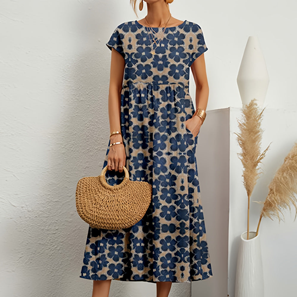 Valenzora | Short-sleeved, loose-fitting midi dress with a round neckline