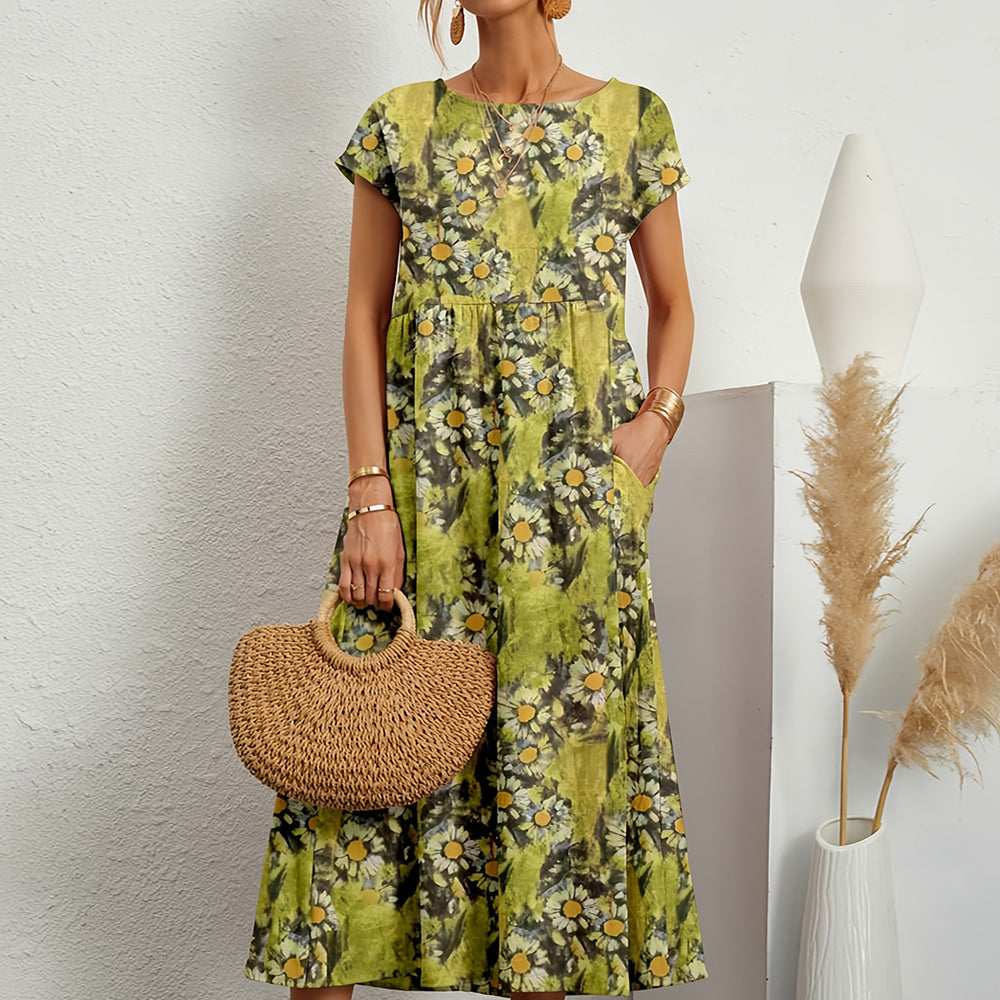 Valenzora | Short-sleeved, loose-fitting midi dress with a round neckline