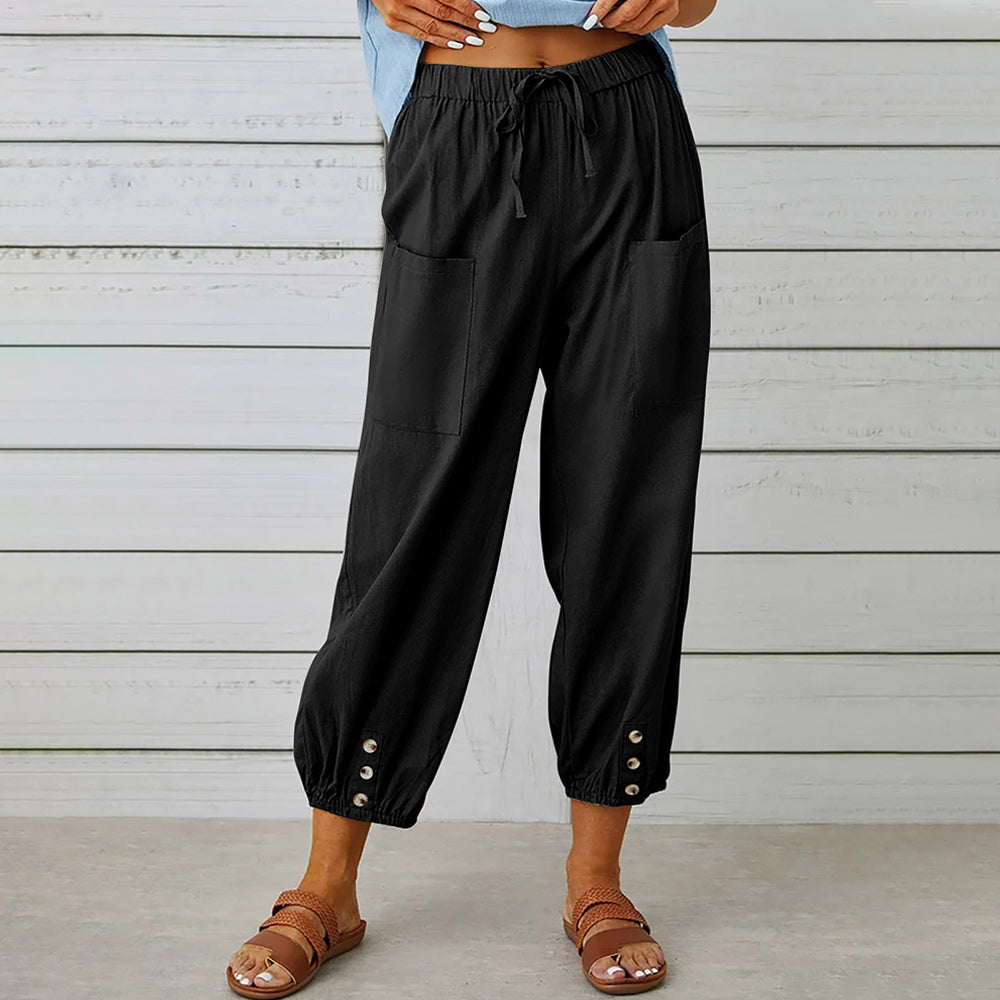 Valenzora | Kurzer Damen-Overall aus Baumwolle und Leinen mit Taschen und Knöpfen