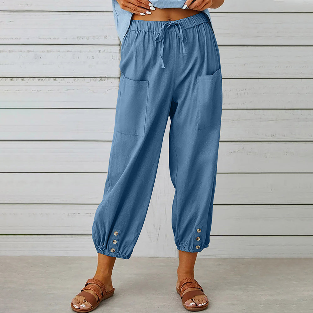 Valenzora | Kurzer Damen-Overall aus Baumwolle und Leinen mit Taschen und Knöpfen