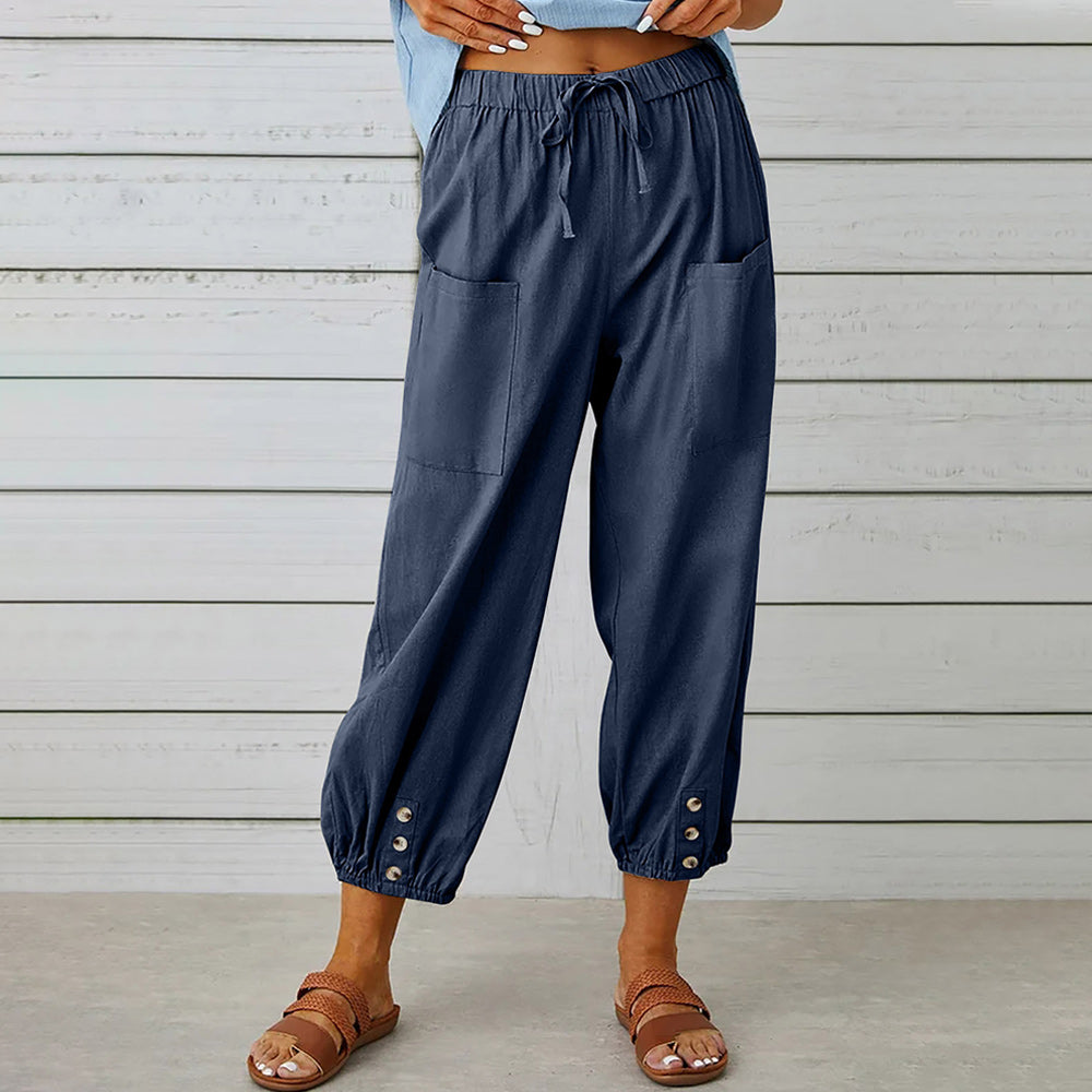 Valenzora | Kurzer Damen-Overall aus Baumwolle und Leinen mit Taschen und Knöpfen