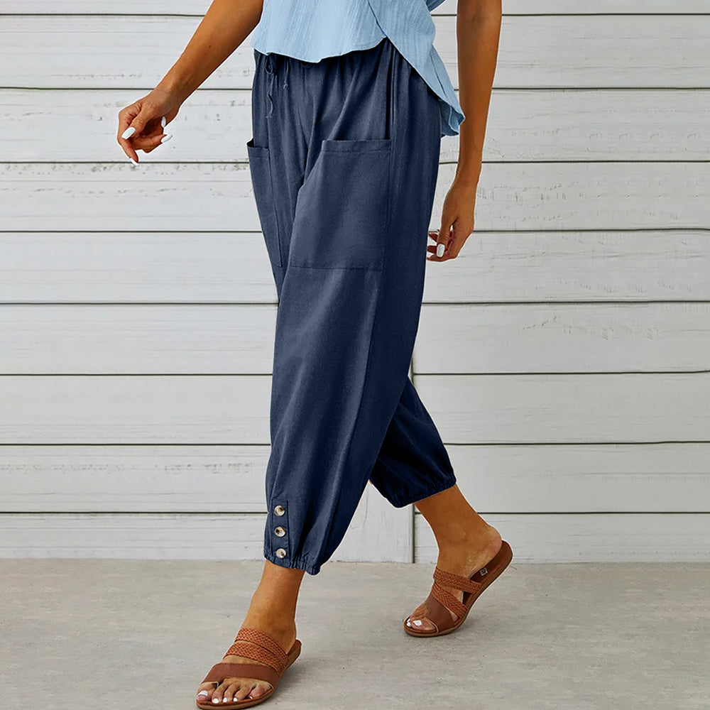 Valenzora | Kurzer Damen-Overall aus Baumwolle und Leinen mit Taschen und Knöpfen