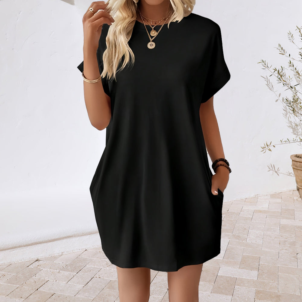 Valenzora | New solid color round neck dress with loose pockets