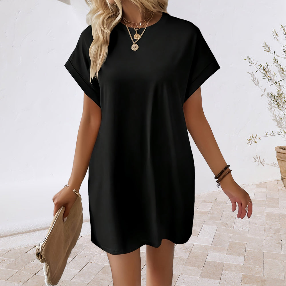Valenzora | New solid color round neck dress with loose pockets