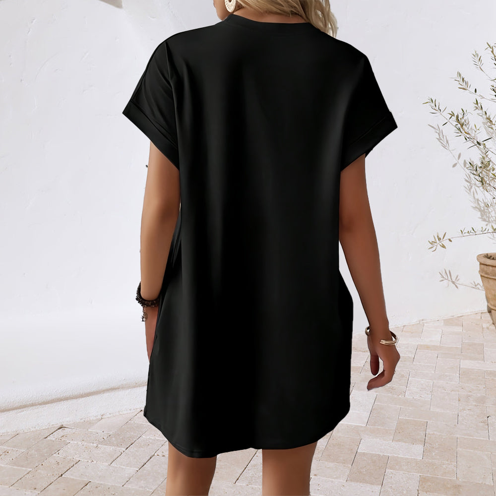 Valenzora | New solid color round neck dress with loose pockets