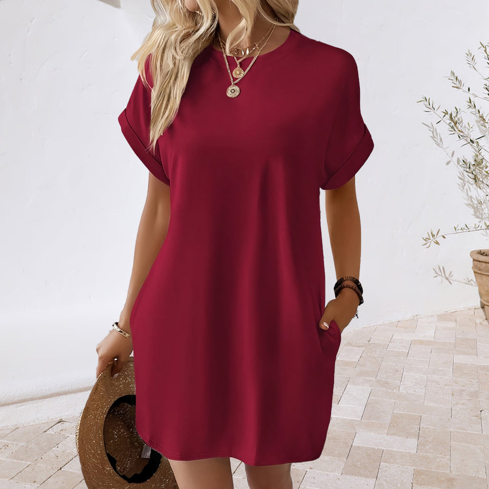 Valenzora | New solid color round neck dress with loose pockets