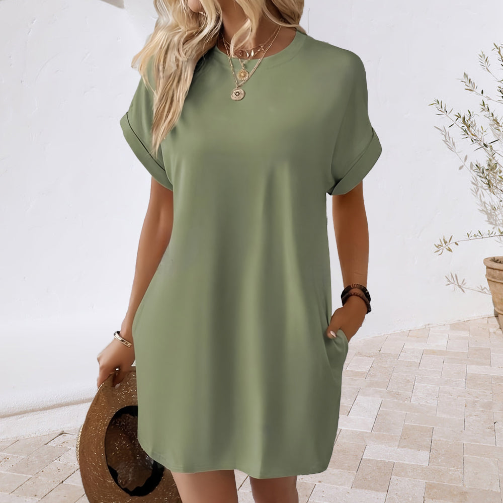 Valenzora | New solid color round neck dress with loose pockets