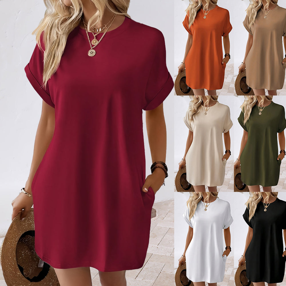 Valenzora | New solid color round neck dress with loose pockets