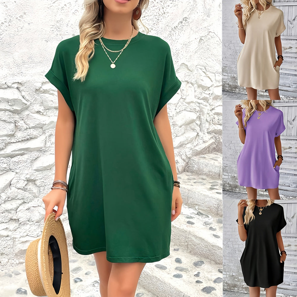 Valenzora | New solid color round neck dress with loose pockets