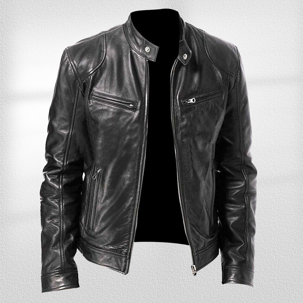 Valenzora | Stand-up collar, trendy leather jacket, handsome motorcycle leather jacket