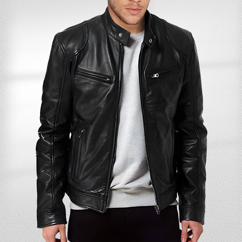 Valenzora | Stand-up collar, trendy leather jacket, handsome motorcycle leather jacket