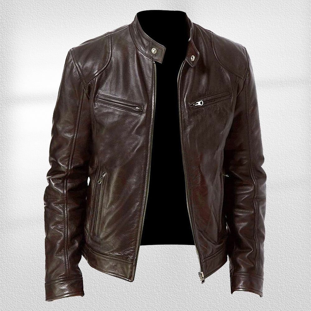 Valenzora | Stand-up collar, trendy leather jacket, handsome motorcycle leather jacket