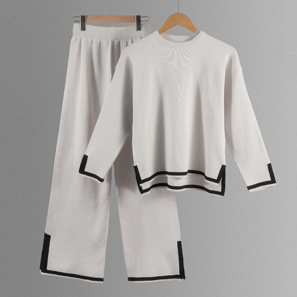 Valenzora | Knitted, Loose-fitting Wide-Leg Top, Two-Piece, Casual Round Neck Suit