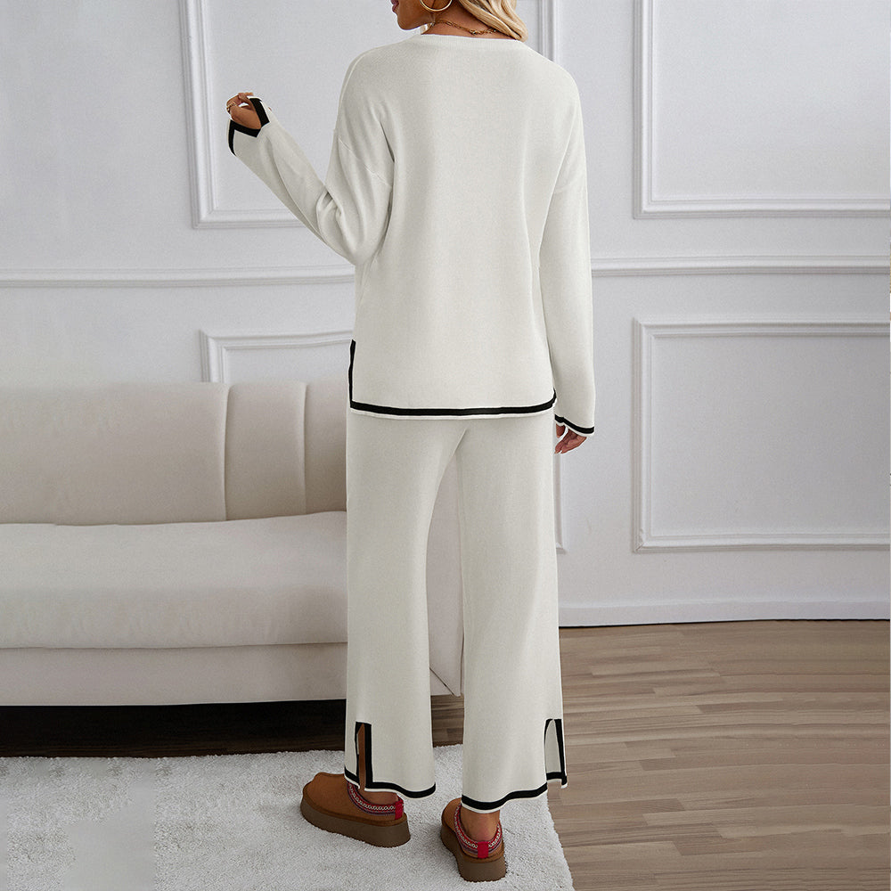 Valenzora | Knitted, Loose-fitting Wide-Leg Top, Two-Piece, Casual Round Neck Suit