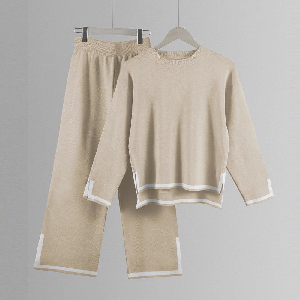 Valenzora | Knitted, Loose-fitting Wide-Leg Top, Two-Piece, Casual Round Neck Suit