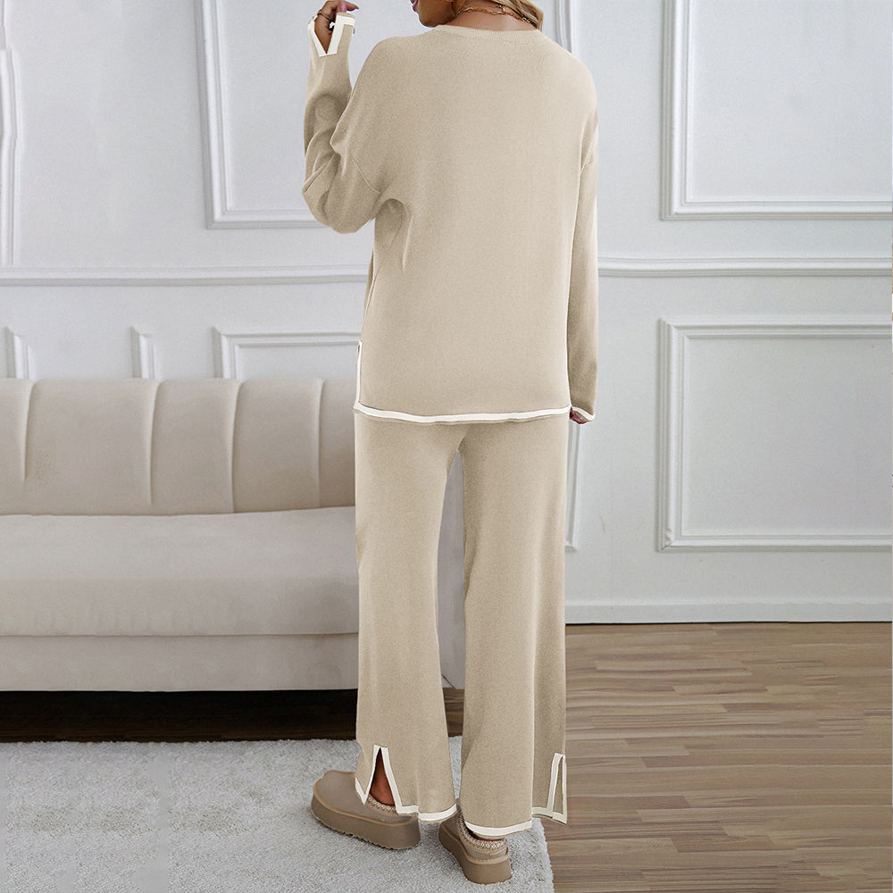 Valenzora | Knitted, Loose-fitting Wide-Leg Top, Two-Piece, Casual Round Neck Suit