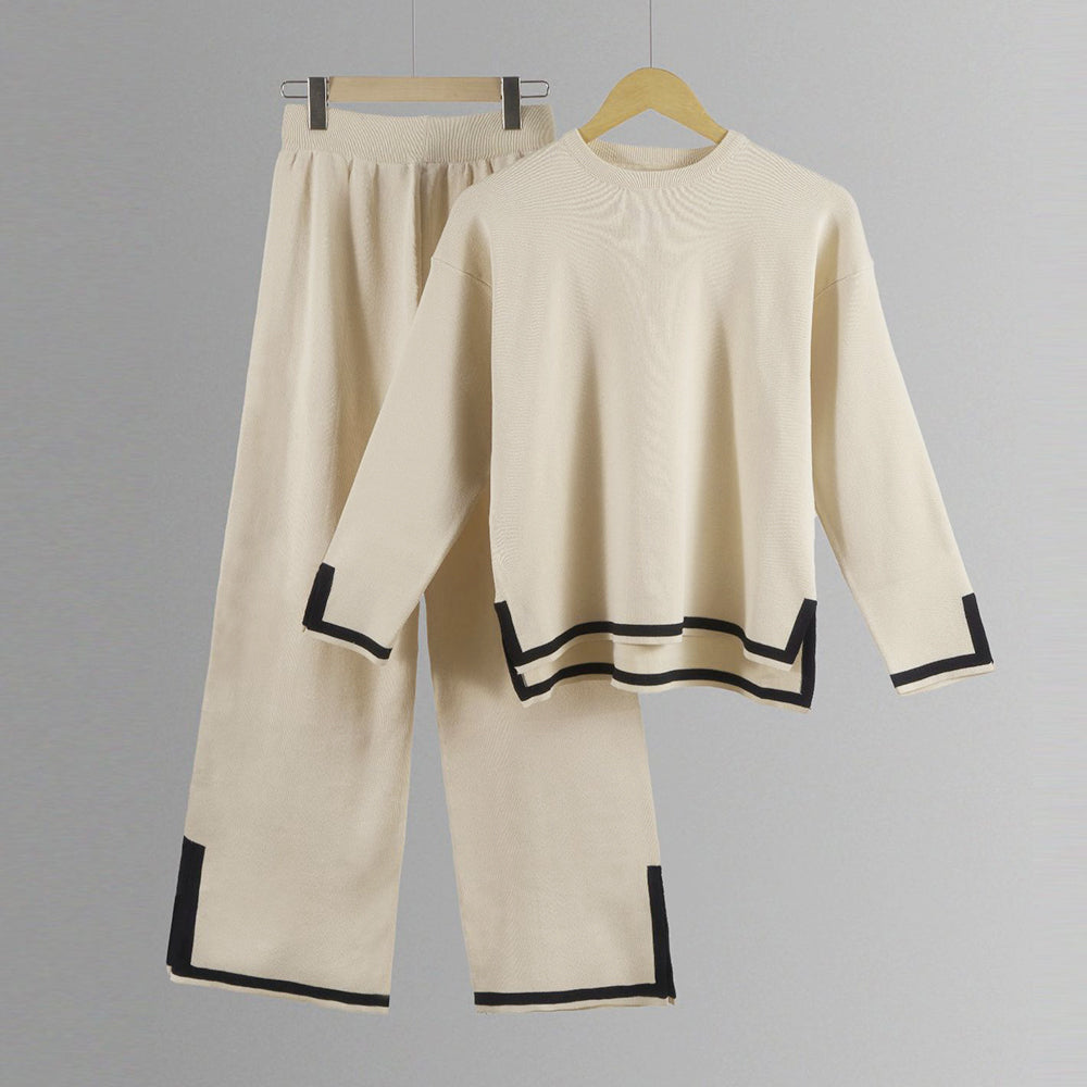 Valenzora | Knitted, Loose-fitting Wide-Leg Top, Two-Piece, Casual Round Neck Suit
