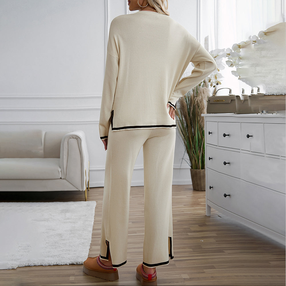 Valenzora | Knitted, Loose-fitting Wide-Leg Top, Two-Piece, Casual Round Neck Suit