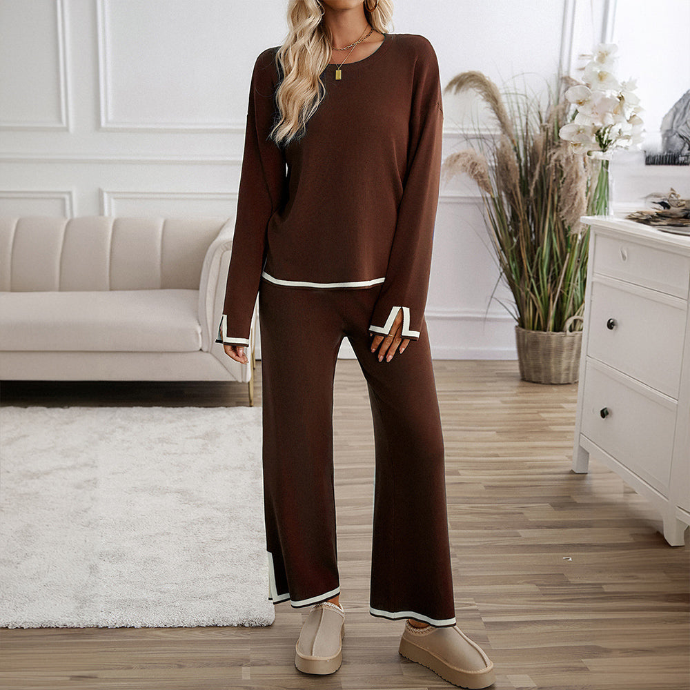 Valenzora | Knitted, Loose-fitting Wide-Leg Top, Two-Piece, Casual Round Neck Suit