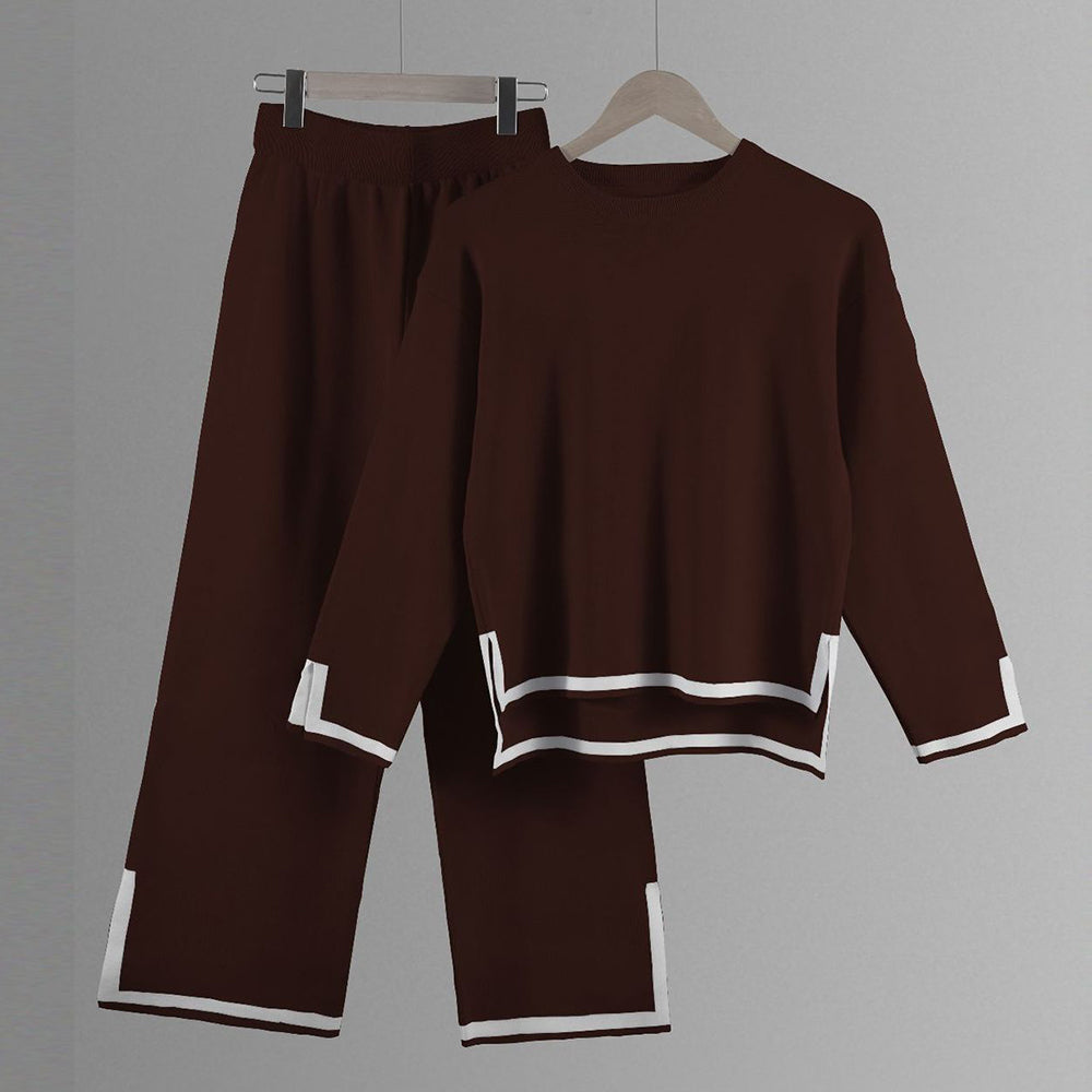 Valenzora | Knitted, Loose-fitting Wide-Leg Top, Two-Piece, Casual Round Neck Suit