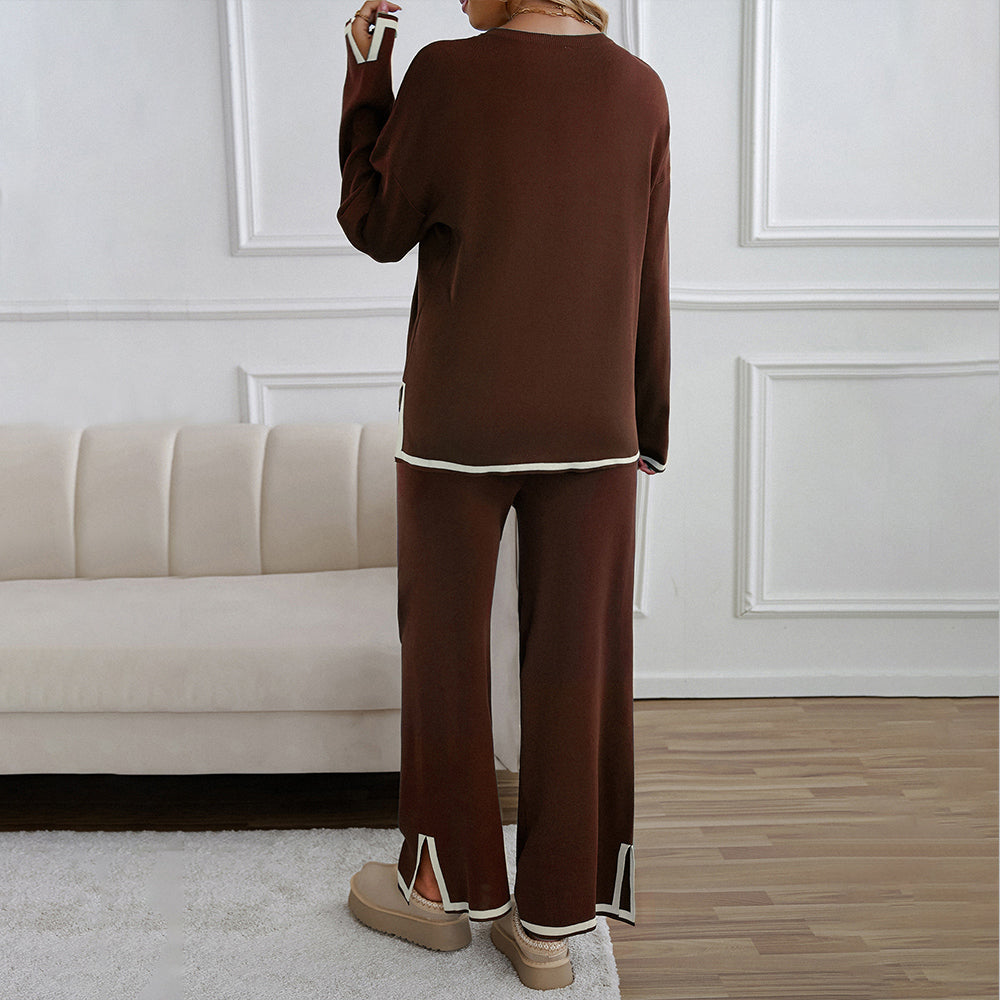 Valenzora | Knitted, Loose-fitting Wide-Leg Top, Two-Piece, Casual Round Neck Suit