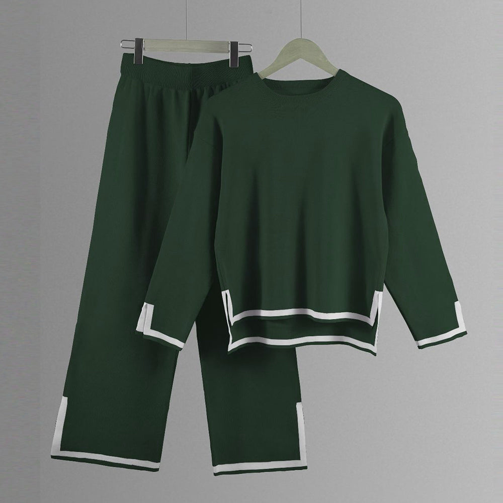 Valenzora | Knitted, Loose-fitting Wide-Leg Top, Two-Piece, Casual Round Neck Suit
