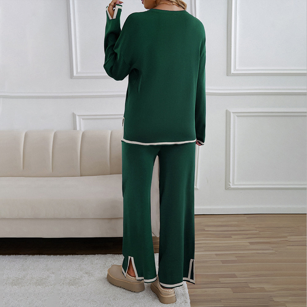 Valenzora | Knitted, Loose-fitting Wide-Leg Top, Two-Piece, Casual Round Neck Suit