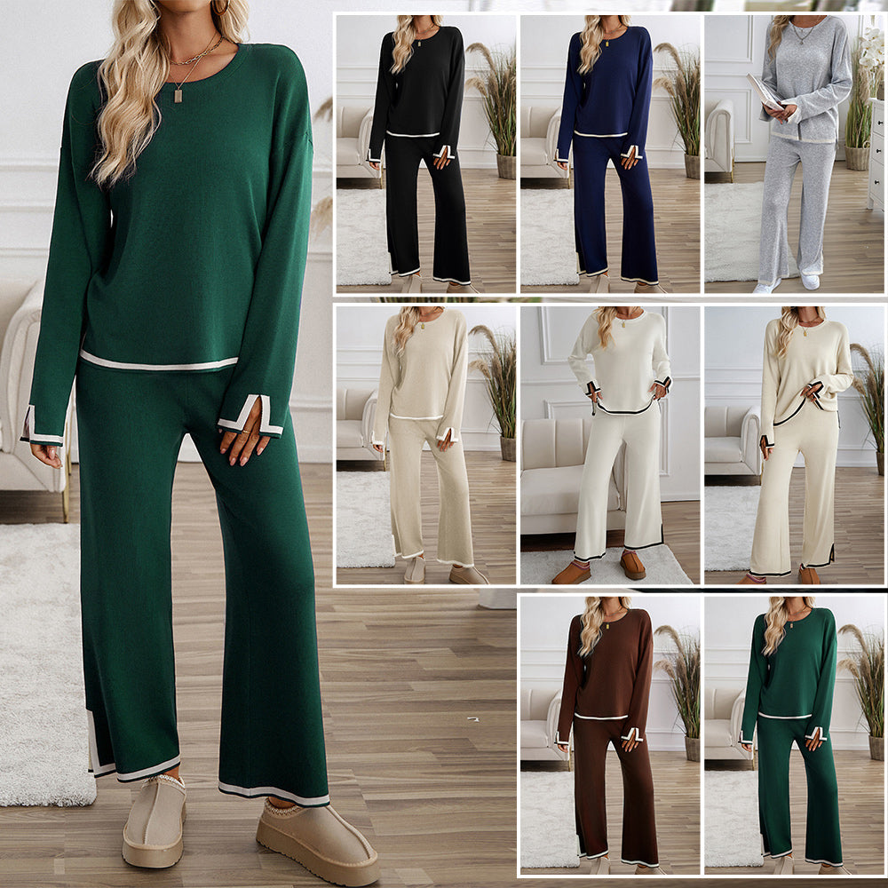 Valenzora | Knitted, Loose-fitting Wide-Leg Top, Two-Piece, Casual Round Neck Suit