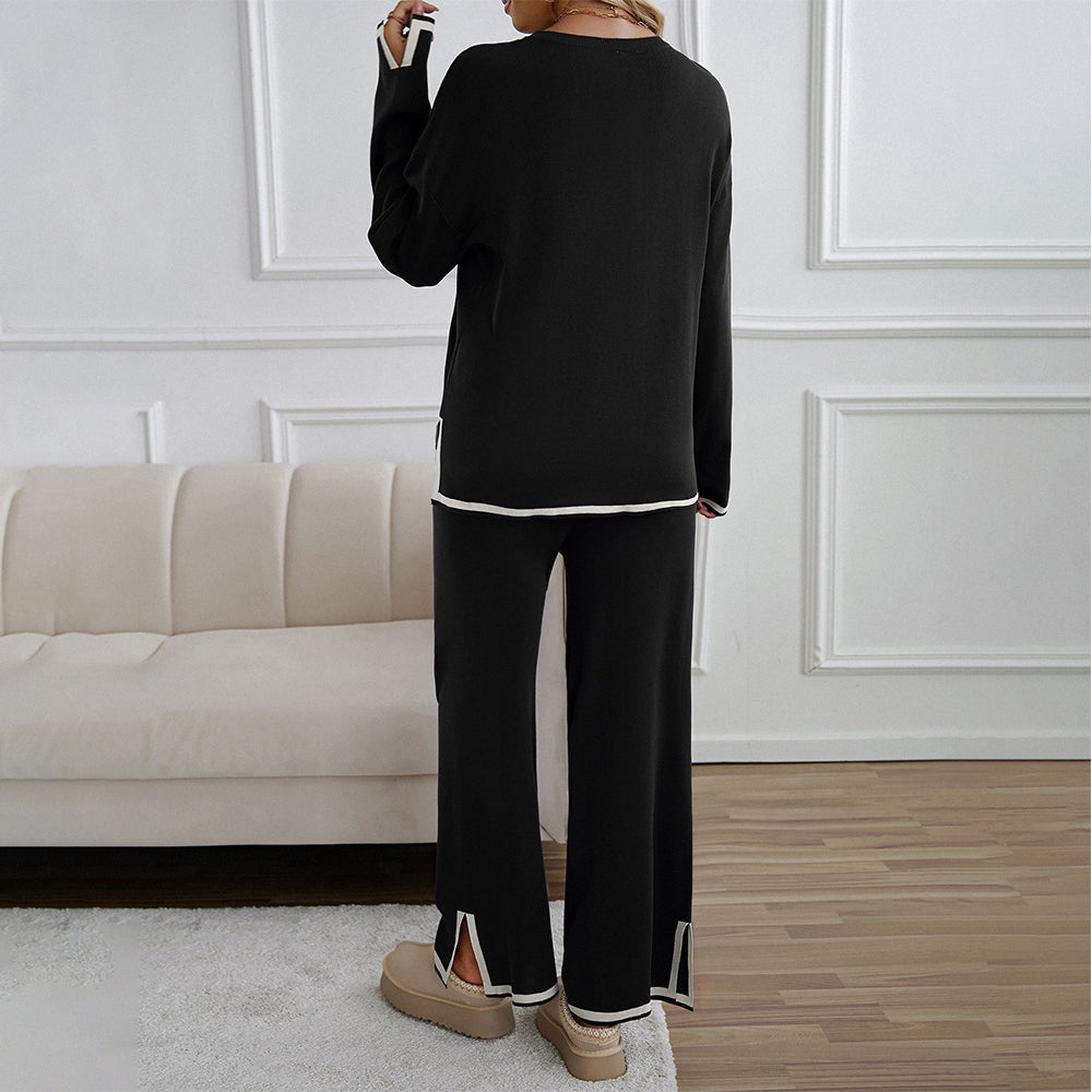 Valenzora | Knitted, Loose-fitting Wide-Leg Top, Two-Piece, Casual Round Neck Suit