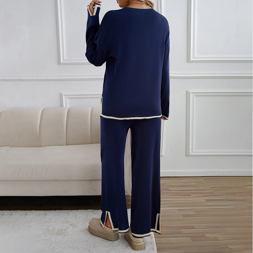 Valenzora | Knitted, Loose-fitting Wide-Leg Top, Two-Piece, Casual Round Neck Suit