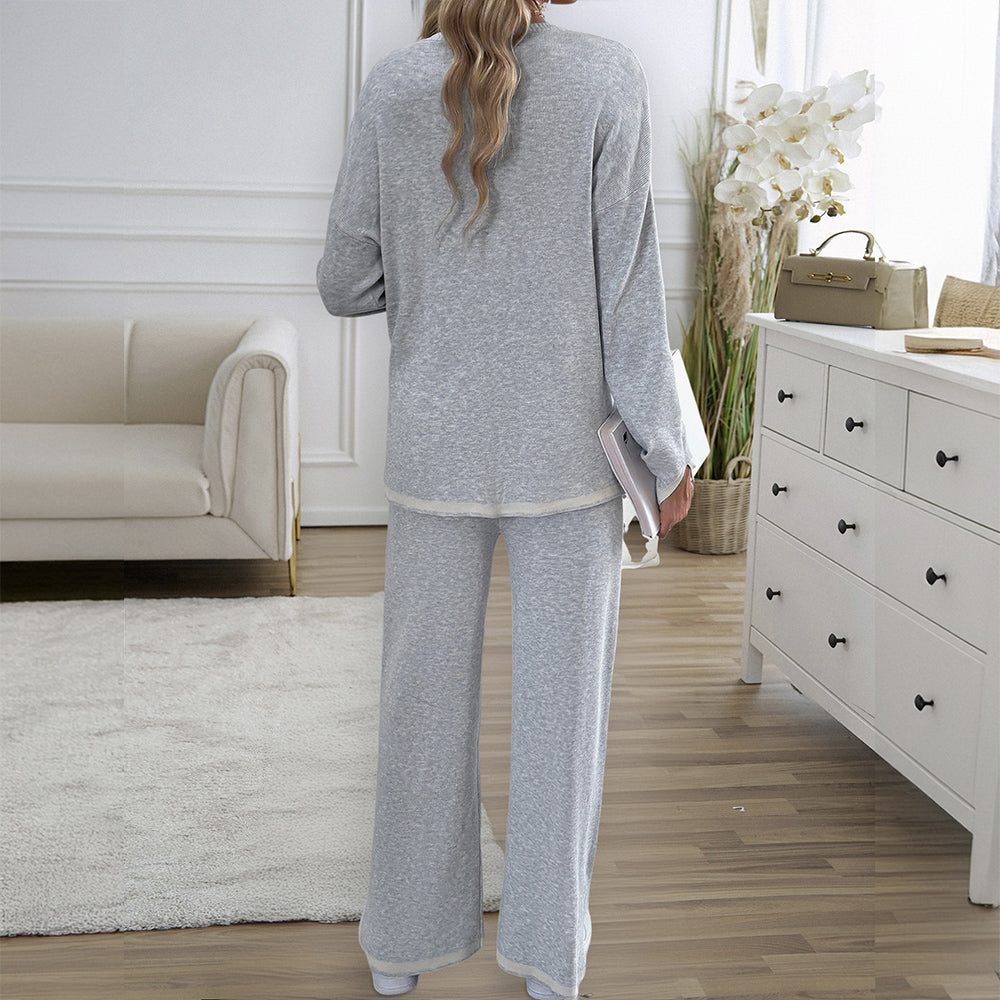 Valenzora | Knitted, Loose-fitting Wide-Leg Top, Two-Piece, Casual Round Neck Suit