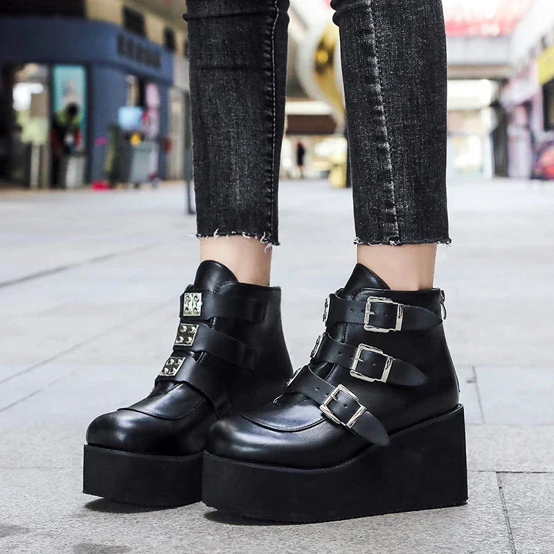 Valenzora | Women's ankle boots, street fashion, casual wedge platform shoes, size 43, super high heel, strap buckle, designer boots, feminine