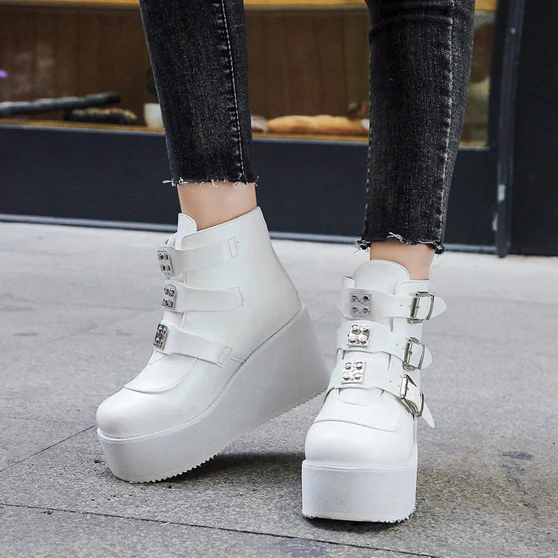 Valenzora | Women's ankle boots, street fashion, casual wedge platform shoes, size 43, super high heel, strap buckle, designer boots, feminine