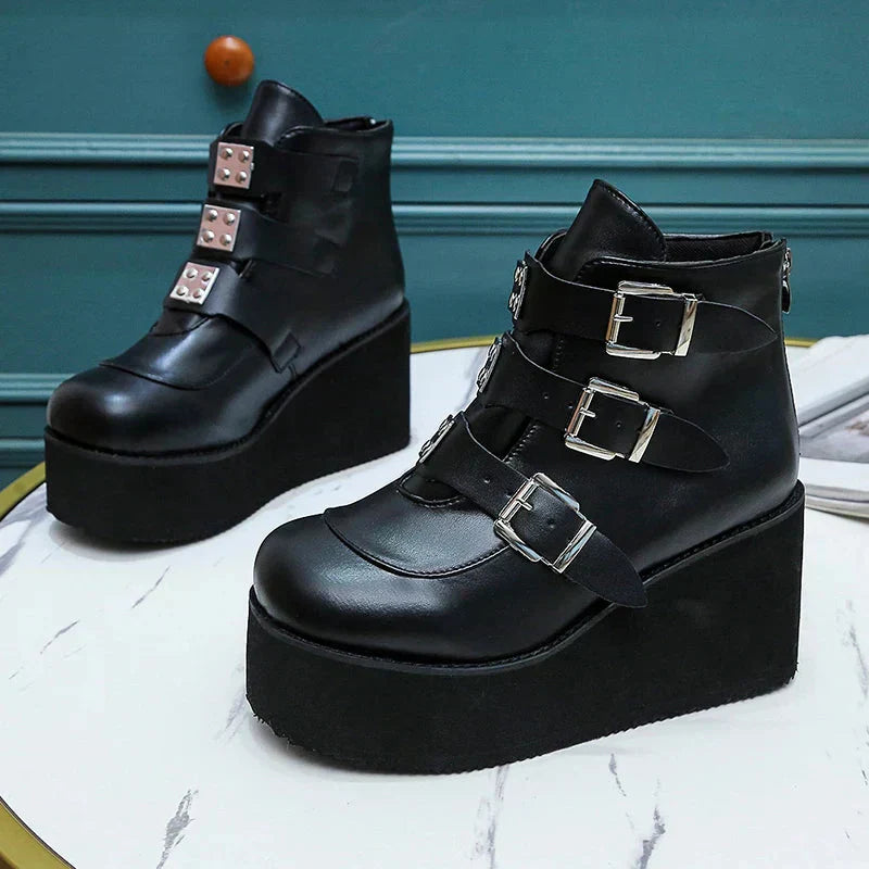 Valenzora | Women's ankle boots, street fashion, casual wedge platform shoes, size 43, super high heel, strap buckle, designer boots, feminine