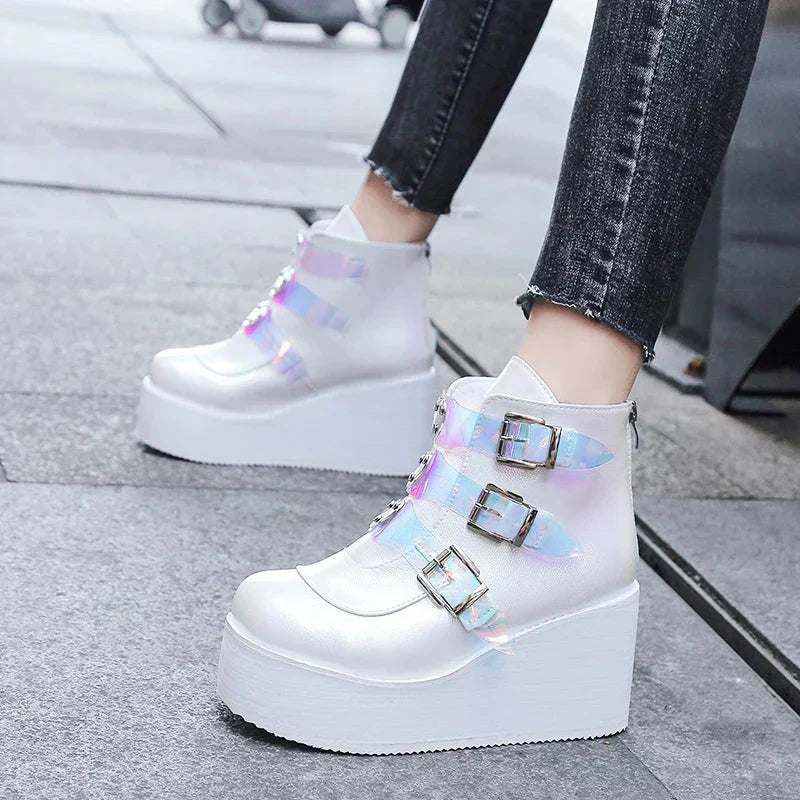 Valenzora | Women's ankle boots, street fashion, casual wedge platform shoes, size 43, super high heel, strap buckle, designer boots, feminine
