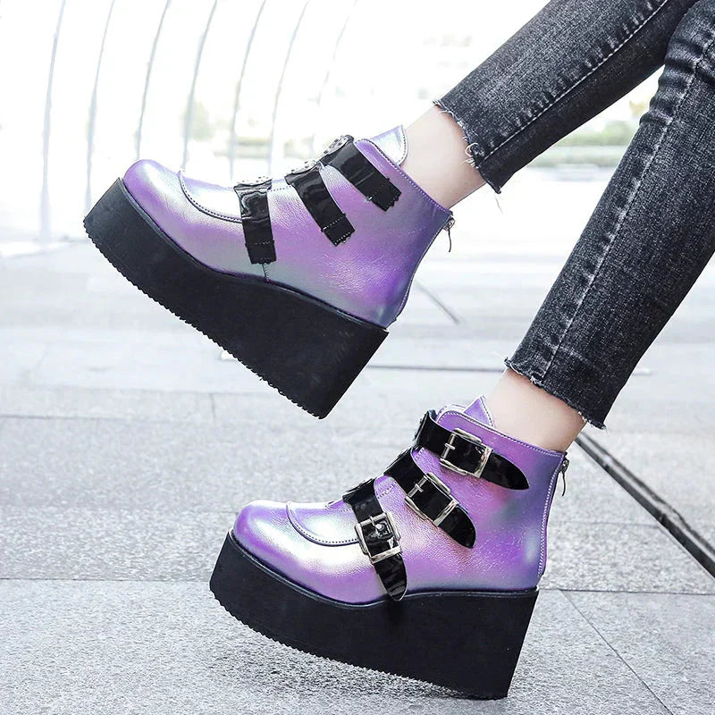 Valenzora | Women's ankle boots, street fashion, casual wedge platform shoes, size 43, super high heel, strap buckle, designer boots, feminine