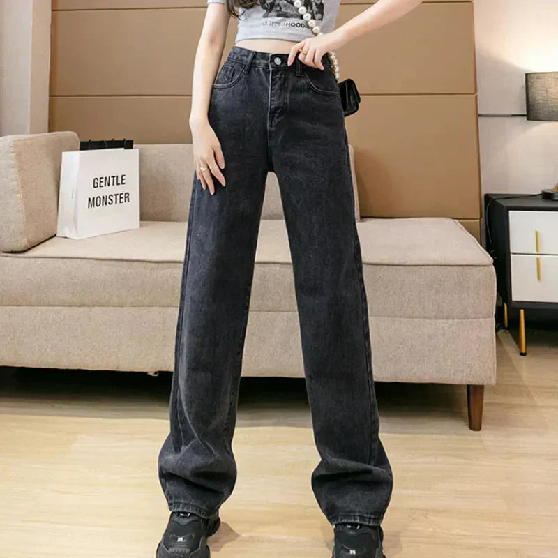 Valenzora | Autumn Spring Jeans Women Denim Trousers Vintage Straight Leg Trousers Fashion Female White Black Solid Color Loose Relaxed Wide Leg Trousers