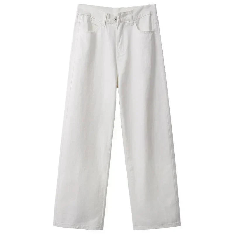 Valenzora | Autumn Spring Jeans Women Denim Trousers Vintage Straight Leg Trousers Fashion Female White Black Solid Color Loose Relaxed Wide Leg Trousers